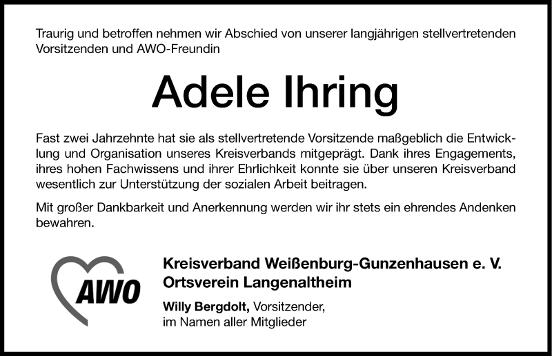  Traueranzeige für Adele Ihring vom 09.07.2014 aus Altmühl-Bote Lokal