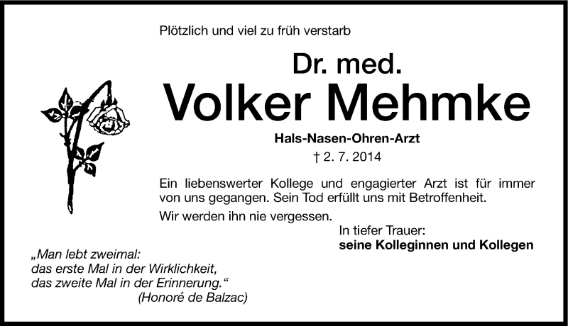  Traueranzeige für Volker Mehmke vom 07.07.2014 aus Altmühl-Bote Lokal