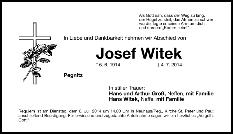  Traueranzeige für Josef Witek vom 07.07.2014 aus Nordbayerische Nachrichten Pegnitz Lokal