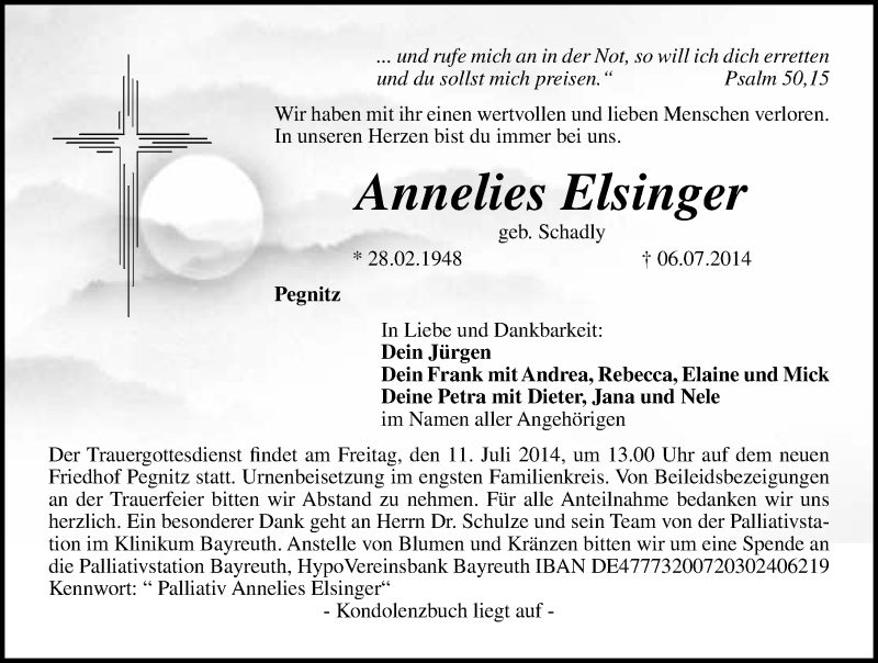  Traueranzeige für Annelies Elsinger vom 08.07.2014 aus Nordbayerische Nachrichten Pegnitz Lokal