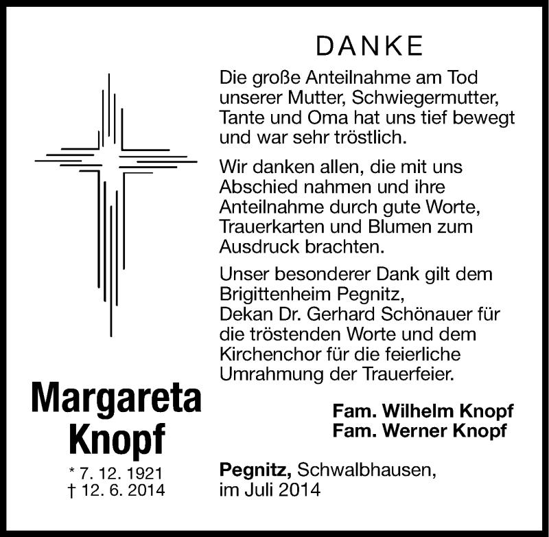  Traueranzeige für Margareta Knopf vom 12.07.2014 aus Nordbayerische Nachrichten Pegnitz Lokal