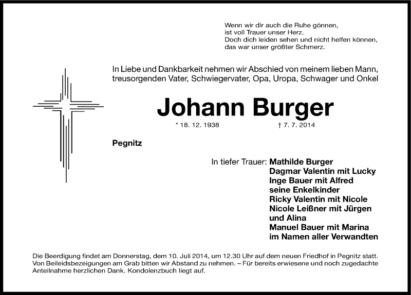  Traueranzeige für Johann Burger vom 09.07.2014 aus Nordbayerische Nachrichten Pegnitz Lokal