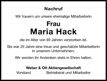 Traueranzeige von Maria Hack von Nordbayerische Nachrichten Forchheim Lokal