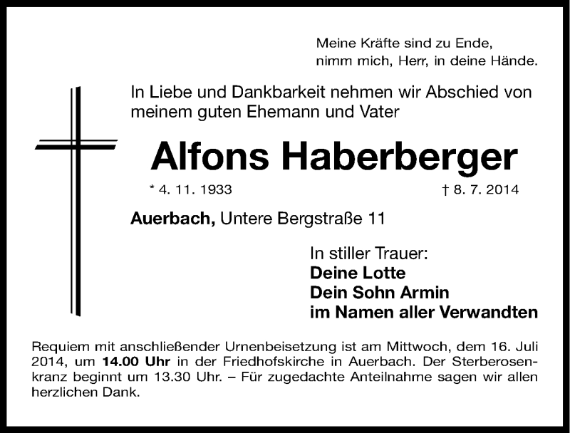  Traueranzeige für Alfons Haberberger vom 12.07.2014 aus Nordbayerische Nachrichten Pegnitz Lokal