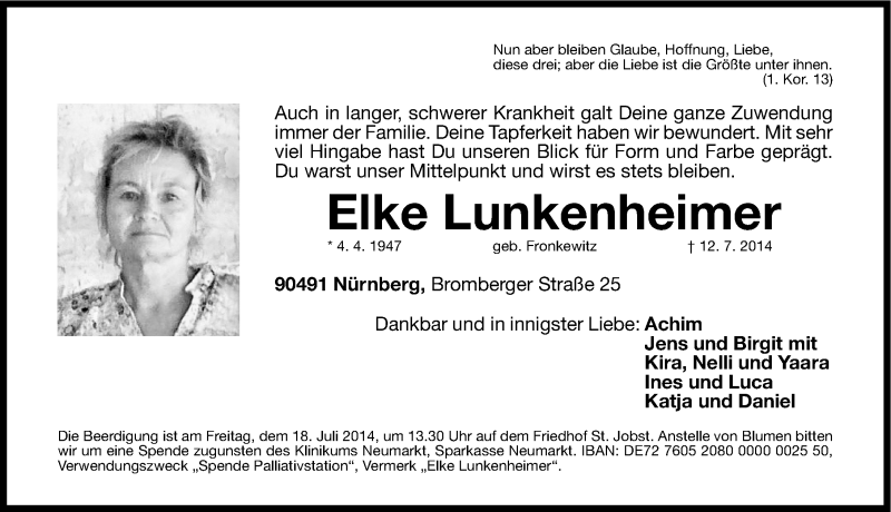  Traueranzeige für Elke Lunkenheimer vom 16.07.2014 aus Gesamtausgabe Nürnberger Nachrichten/ Nürnberger Ztg.