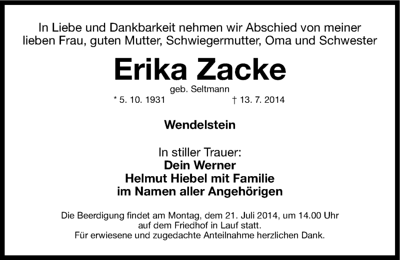  Traueranzeige für Erika Zacke vom 19.07.2014 aus Gesamtausgabe Nürnberger Nachrichten/ Nürnberger Ztg.