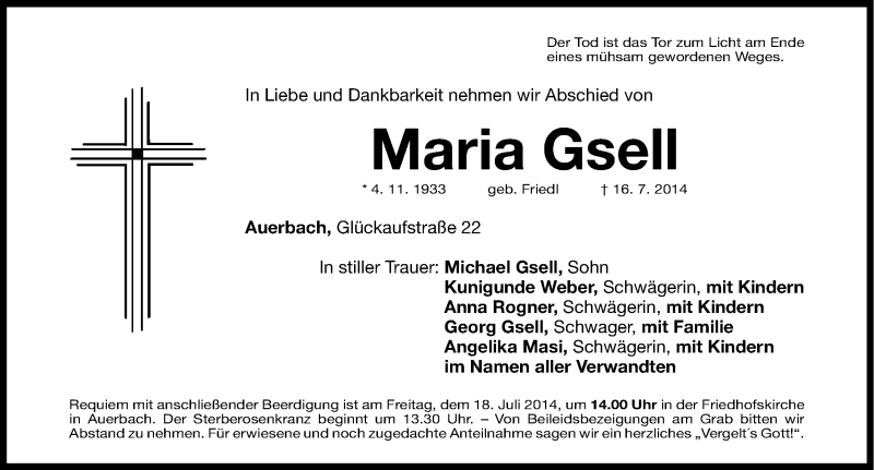  Traueranzeige für Maria Gsell vom 17.07.2014 aus Nordbayerische Nachrichten Pegnitz Lokal