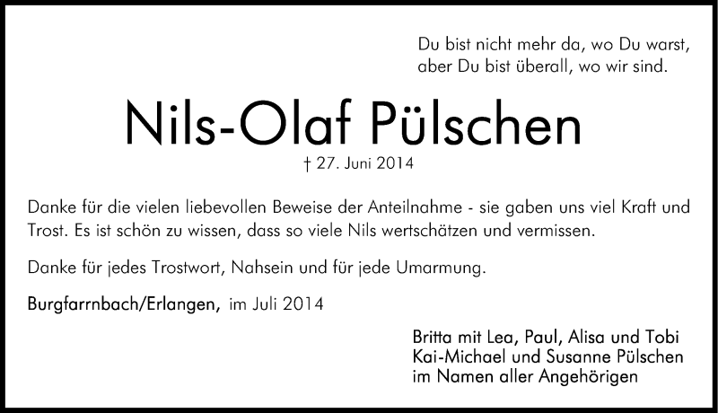  Traueranzeige für Nils-Olaf Pülschen vom 19.07.2014 aus Gesamtausgabe Nürnberger Nachrichten/ Nürnberger Ztg.