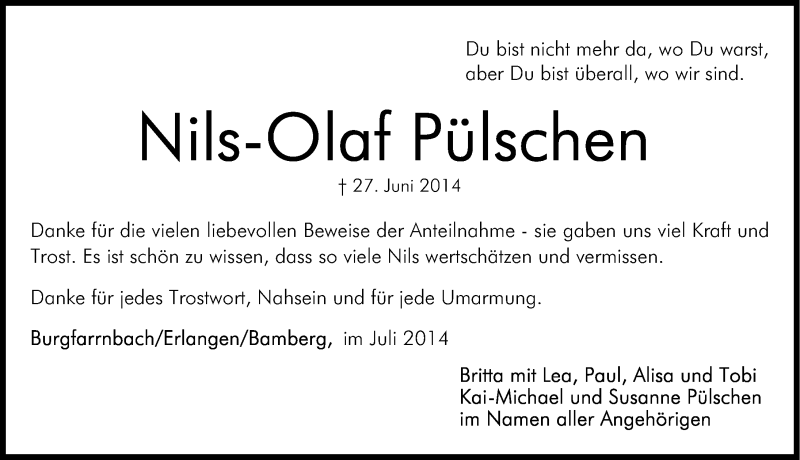  Traueranzeige für Nils-Olaf Pülschen vom 19.07.2014 aus Erlanger Nachrichten Lokal