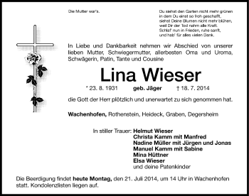 Traueranzeige von Lina Wieser von Altmühl-Bote Lokal