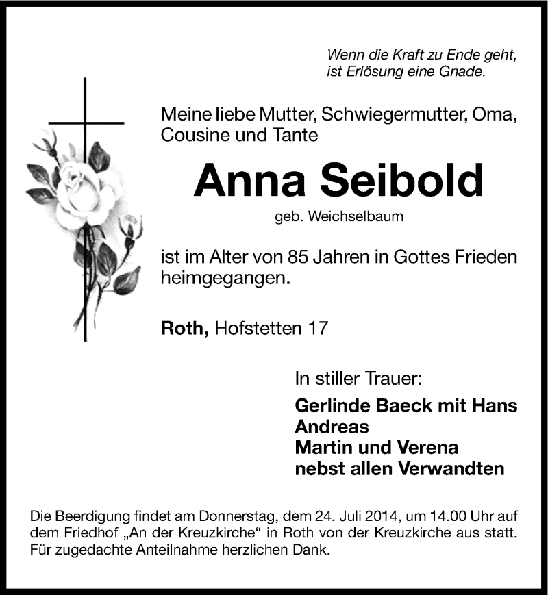  Traueranzeige für Anna Seibold vom 22.07.2014 aus Roth-Hilpoltsteiner Volkszeitung Lokal