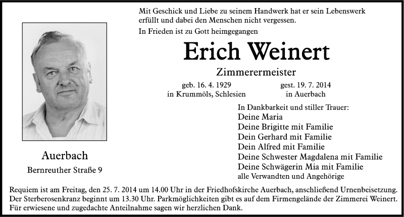  Traueranzeige für Erich Weinert vom 23.07.2014 aus Nordbayerische Nachrichten Pegnitz Lokal