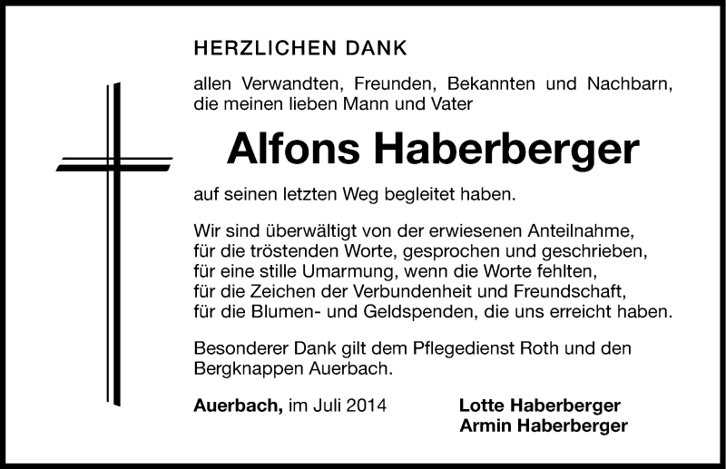  Traueranzeige für Alfons Haberberger vom 26.07.2014 aus Nordbayerische Nachrichten Pegnitz Lokal