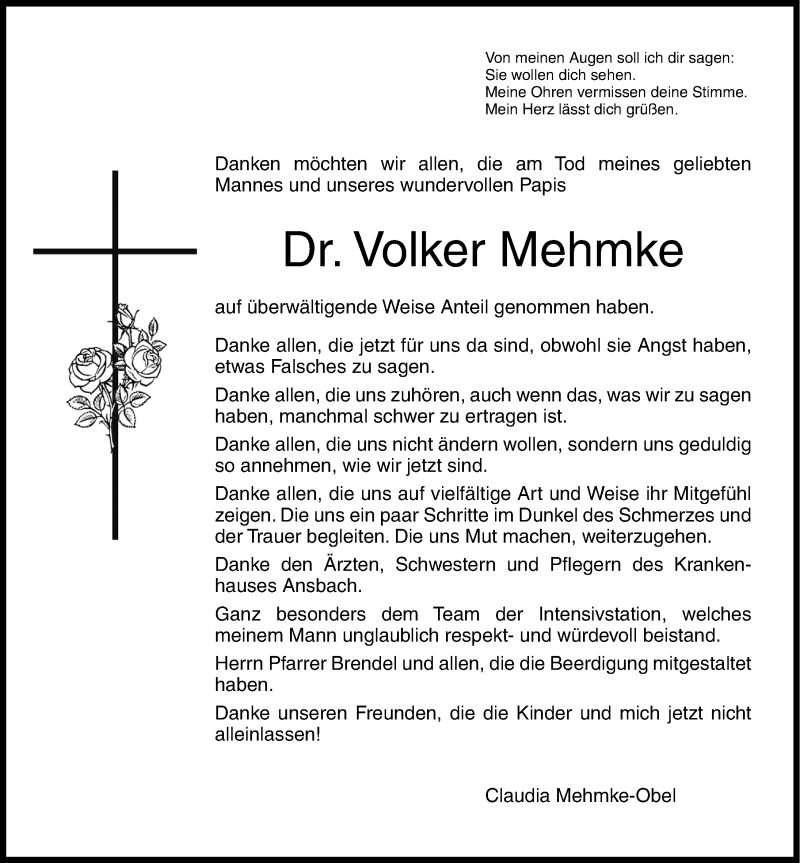  Traueranzeige für Volker Mehmke vom 26.07.2014 aus Altmühl-Bote Lokal