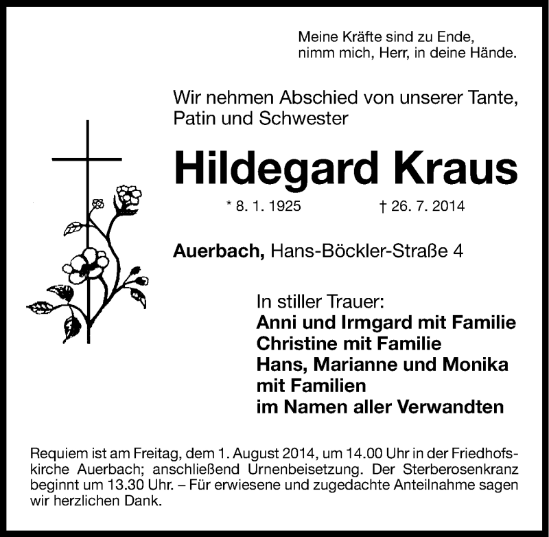  Traueranzeige für Hildegard Kraus vom 29.07.2014 aus Nordbayerische Nachrichten Pegnitz Lokal