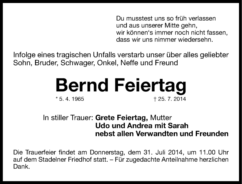  Traueranzeige für Bernd Feiertag vom 30.07.2014 aus Fürther Nachrichten Lokal