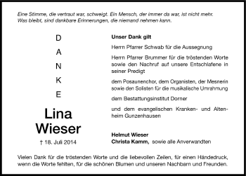 Traueranzeige von Lina Wieser von Altmühl-Bote Lokal