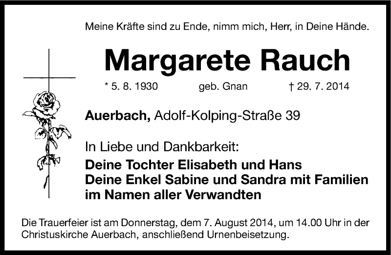  Traueranzeige für Margarete Rauch vom 02.08.2014 aus Nordbayerische Nachrichten Pegnitz Lokal