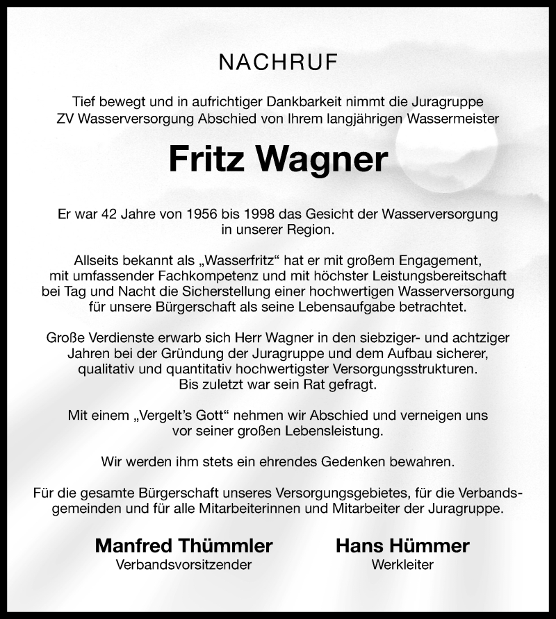  Traueranzeige für Fritz Wagner vom 01.08.2014 aus Nordbayerische Nachrichten Pegnitz Lokal