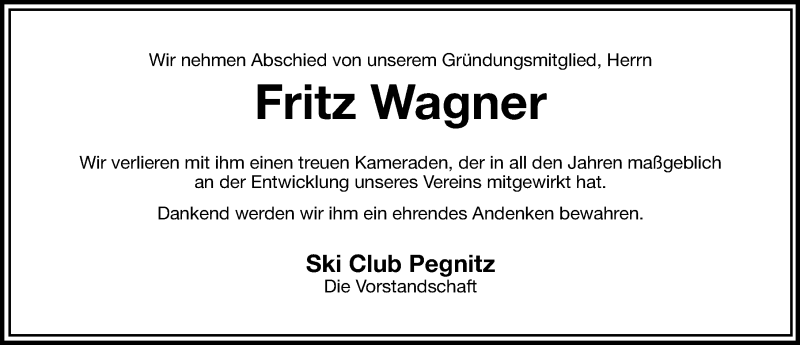  Traueranzeige für Fritz Wagner vom 02.08.2014 aus Nordbayerische Nachrichten Pegnitz Lokal