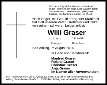 Traueranzeige von Willi Graser von Erlanger Nachrichten Lokal