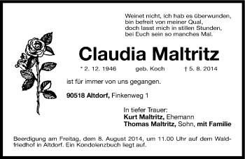 Traueranzeige von Claudia Maltritz von Gesamtausgabe Nürnberger Nachrichten/ Nürnberger Ztg.