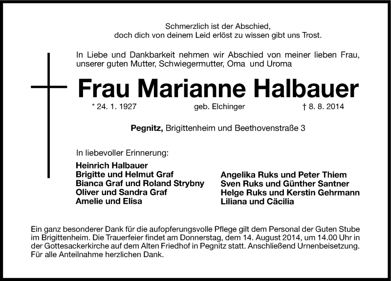  Traueranzeige für Marianne Halbauer vom 09.08.2014 aus Nordbayerische Nachrichten Pegnitz Lokal