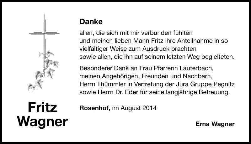  Traueranzeige für Fritz Wagner vom 12.08.2014 aus Nordbayerische Nachrichten Pegnitz Lokal