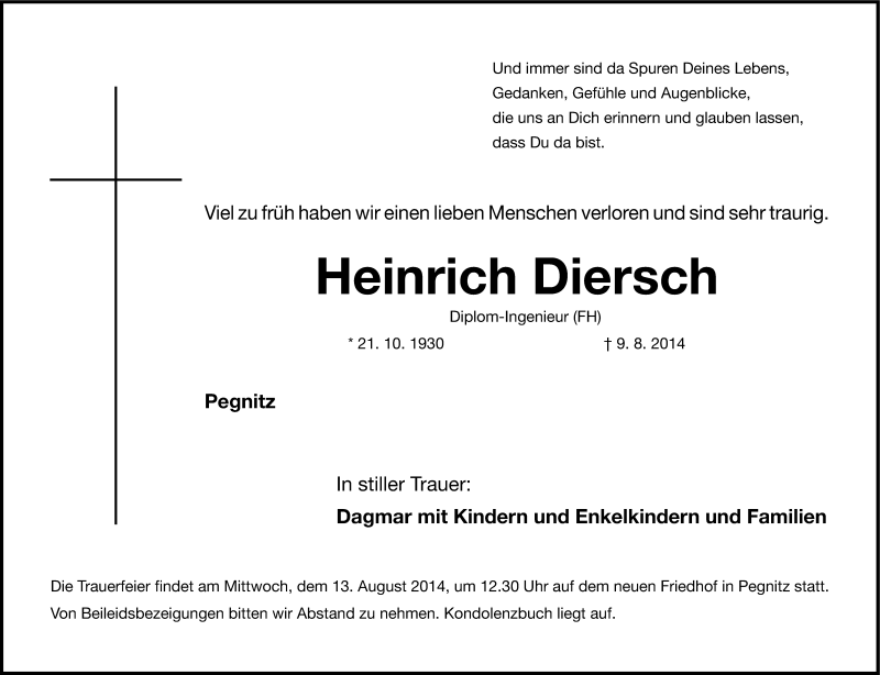  Traueranzeige für Heinrich Diersch vom 12.08.2014 aus Nordbayerische Nachrichten Pegnitz Lokal