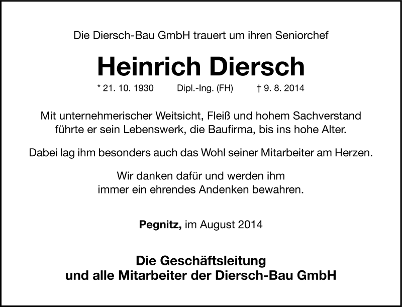  Traueranzeige für Heinrich Diersch vom 12.08.2014 aus Nordbayerische Nachrichten Pegnitz Lokal