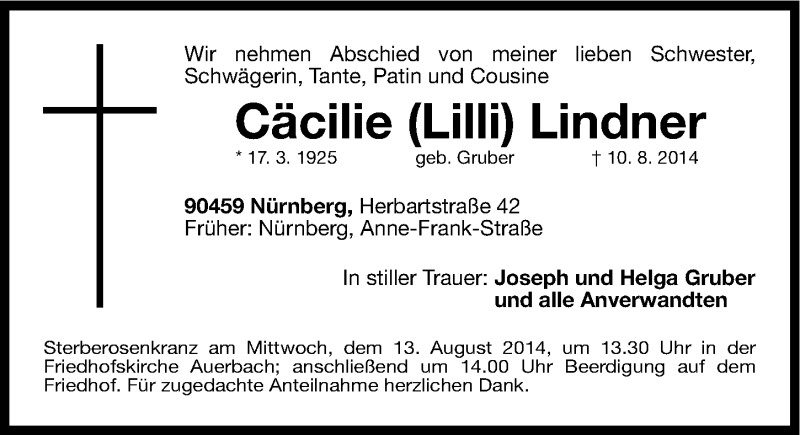  Traueranzeige für Cäcilie Lindner vom 12.08.2014 aus Gesamtausgabe Nürnberger Nachrichten/ Nürnberger Ztg.