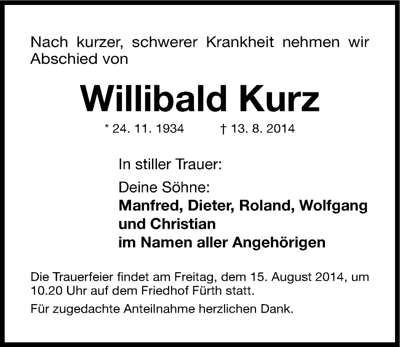  Traueranzeige für Willibald Kurz vom 14.08.2014 aus Fürther Nachrichten Lokal