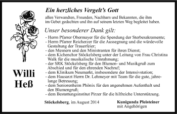 Traueranzeige von Willibald Heß von Neumarkter Nachrichten Lokal