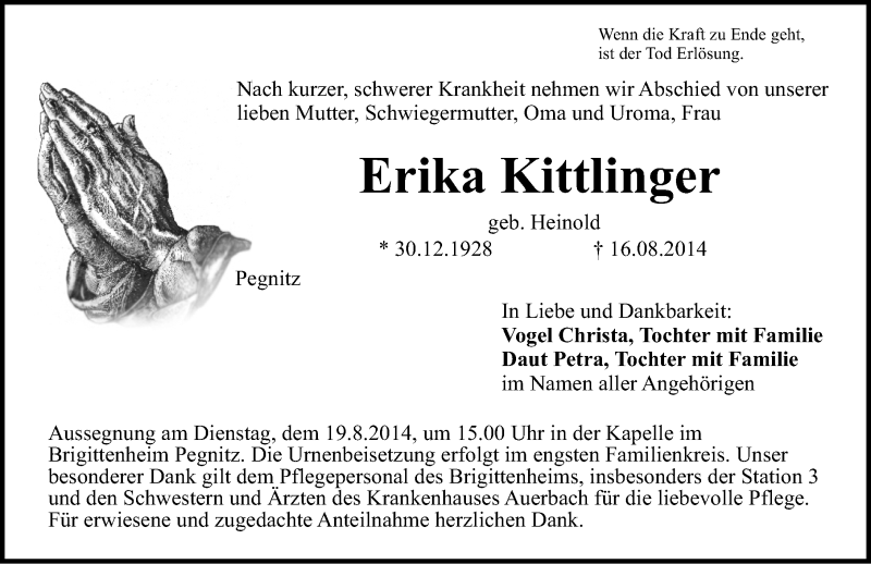  Traueranzeige für Erika Kittlinger vom 18.08.2014 aus Nordbayerische Nachrichten Pegnitz Lokal