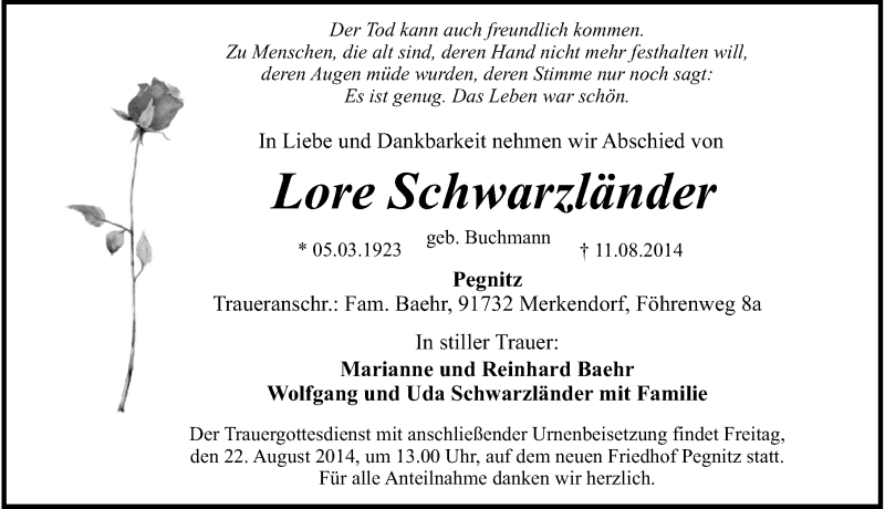  Traueranzeige für Lore Schwarzländer vom 19.08.2014 aus Nordbayerische Nachrichten Pegnitz Lokal