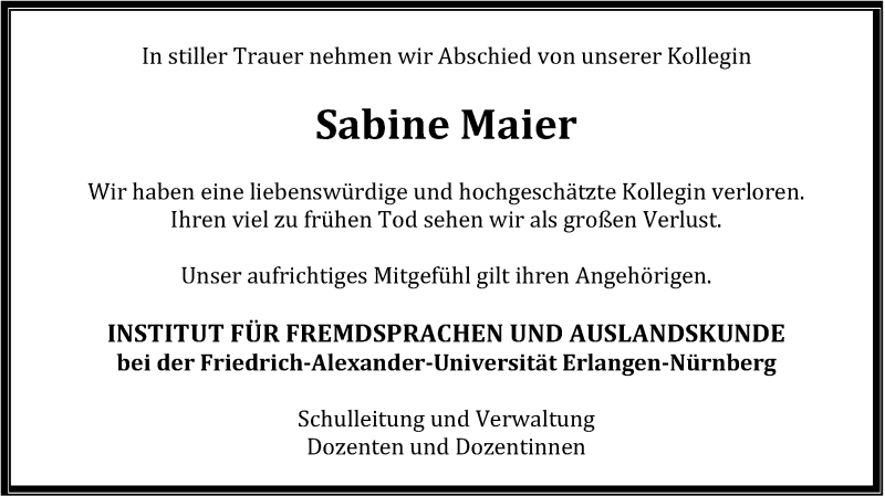  Traueranzeige für Sabine Maier vom 19.08.2014 aus Erlanger Nachrichten Lokal
