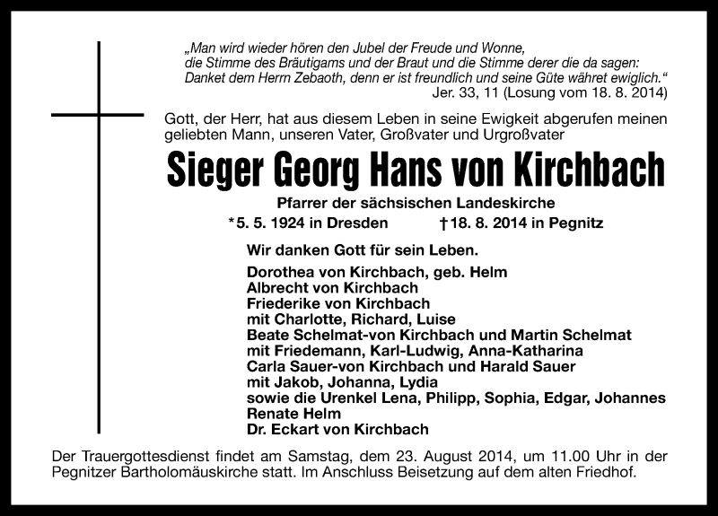  Traueranzeige für Georg Hans von Kirchbach vom 20.08.2014 aus Nordbayerische Nachrichten Pegnitz Lokal