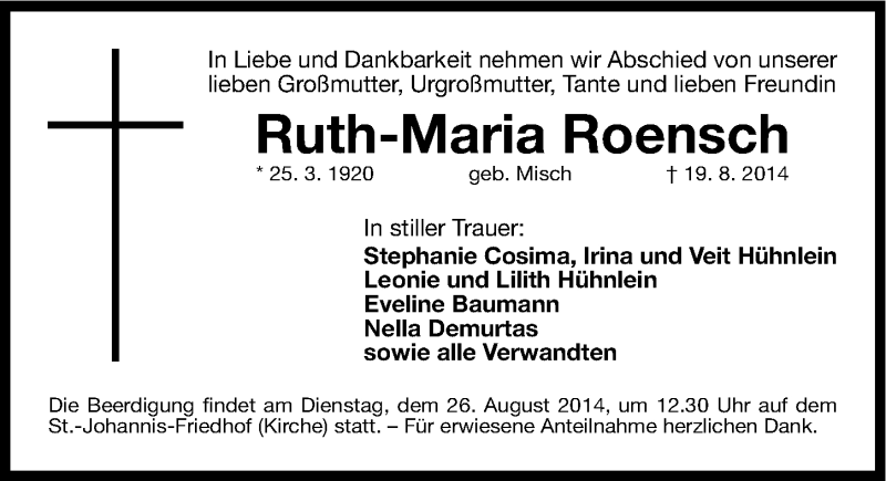  Traueranzeige für Ruth-Maria Roensch vom 23.08.2014 aus Gesamtausgabe Nürnberger Nachrichten/ Nürnberger Ztg.