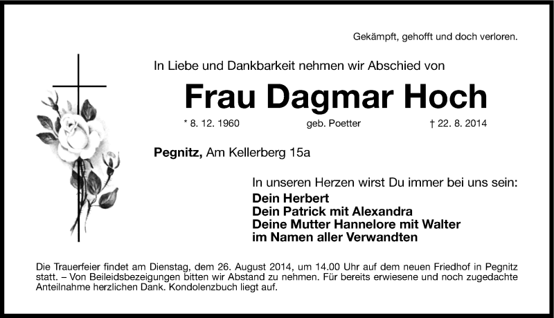  Traueranzeige für Dagmar Hoch vom 23.08.2014 aus Nordbayerische Nachrichten Pegnitz Lokal