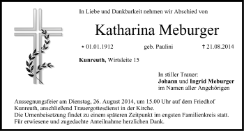 Traueranzeige von Katharina Meburger von Nordbayerische Nachrichten Forchheim Lokal