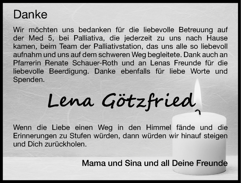  Traueranzeige für Lena Götzfried vom 28.08.2014 aus Erlanger Nachrichten Lokal