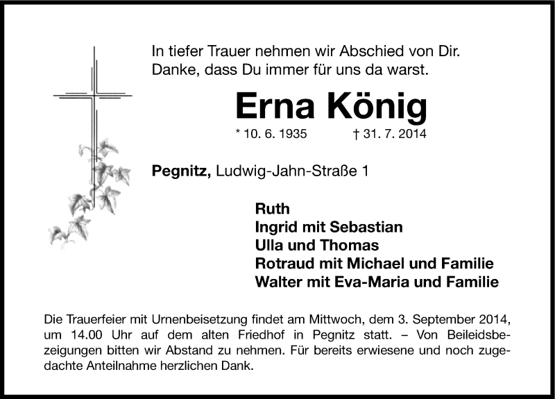  Traueranzeige für Erna König vom 30.08.2014 aus Nordbayerische Nachrichten Pegnitz Lokal