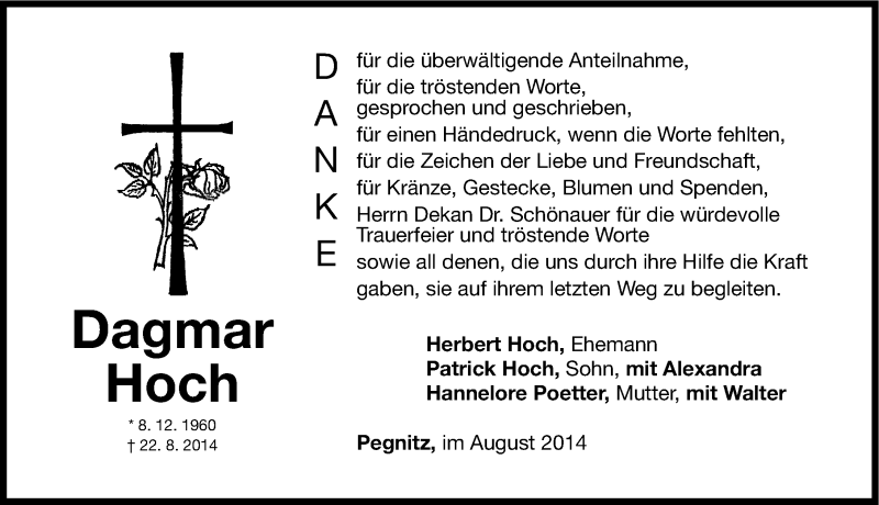  Traueranzeige für Dagmar Hoch vom 30.08.2014 aus Nordbayerische Nachrichten Pegnitz Lokal