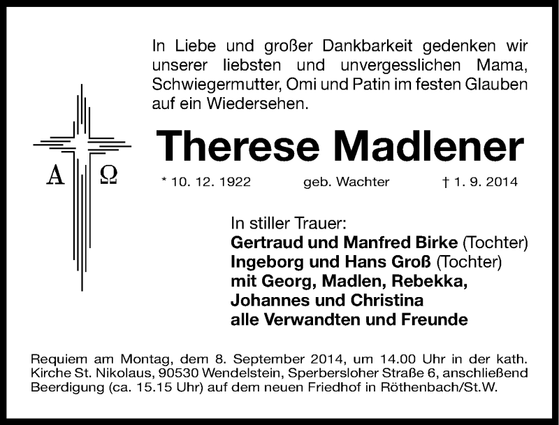  Traueranzeige für Therese Madlener vom 05.09.2014 aus Gesamtausgabe Nürnberger Nachrichten/ Nürnberger Ztg.
