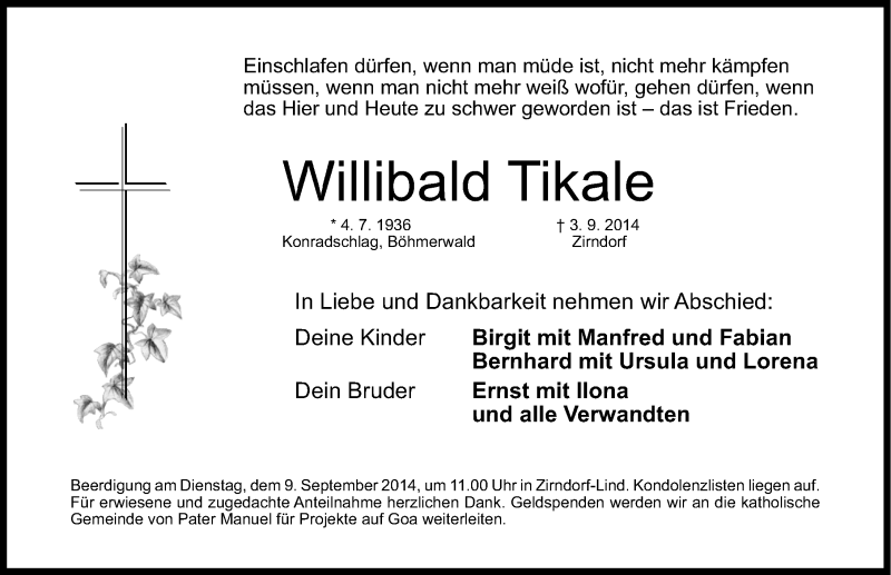  Traueranzeige für Willibald Tikale vom 05.09.2014 aus Gesamtausgabe Nürnberger Nachrichten/ Nürnberger Ztg.
