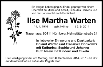 Traueranzeige von Ilse Martha Warten von Gesamtausgabe Nürnberger Nachrichten/ Nürnberger Ztg.