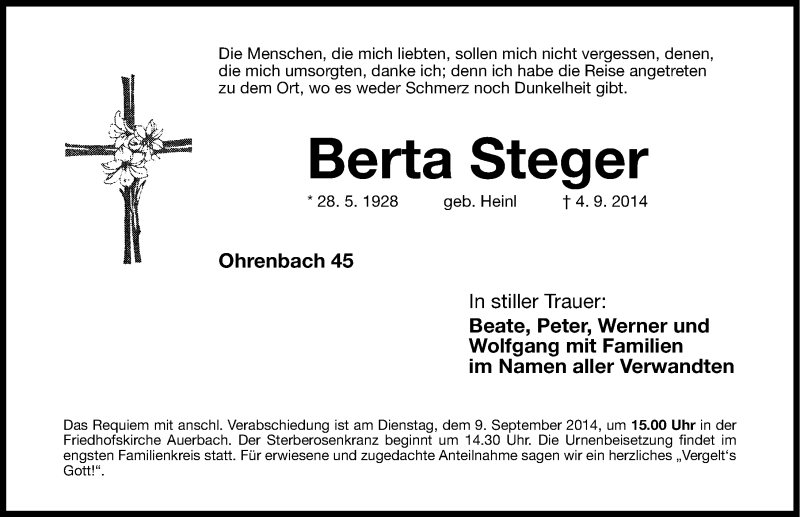  Traueranzeige für Berta Steger vom 06.09.2014 aus Nordbayerische Nachrichten Pegnitz Lokal