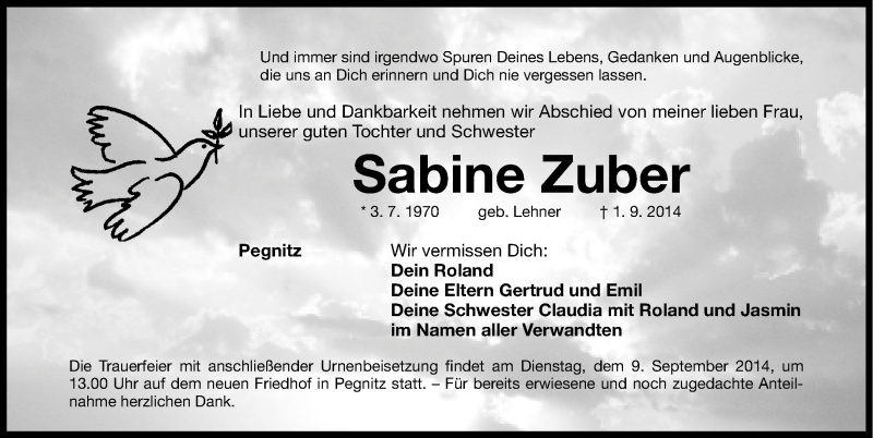  Traueranzeige für Sabine Zuber vom 08.09.2014 aus Nordbayerische Nachrichten Pegnitz Lokal