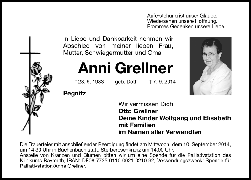  Traueranzeige für Anni Grellner vom 09.09.2014 aus Nordbayerische Nachrichten Pegnitz Lokal