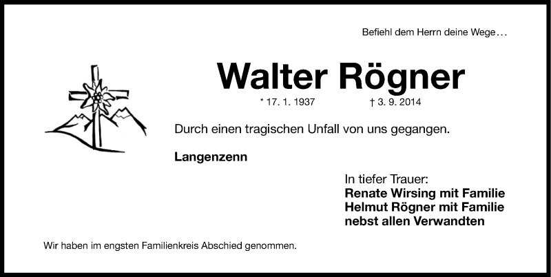 Traueranzeige für Walter Rögner vom 10.09.2014 aus Gesamtausgabe Nürnberger Nachrichten/ Nürnberger Ztg.